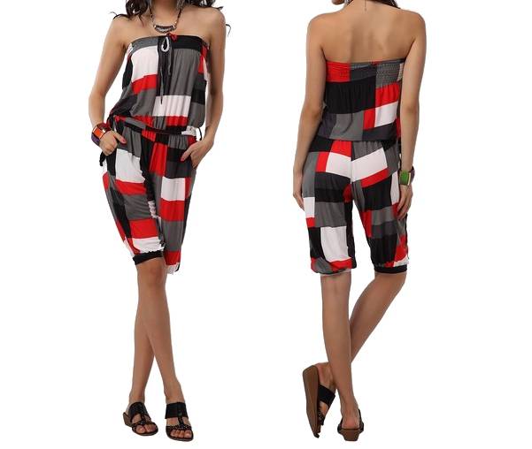 Women's Overall Short Jumpsuit Catsuit Grey Red Check Beachwear Holiday Shorts Bandeau Size S/M