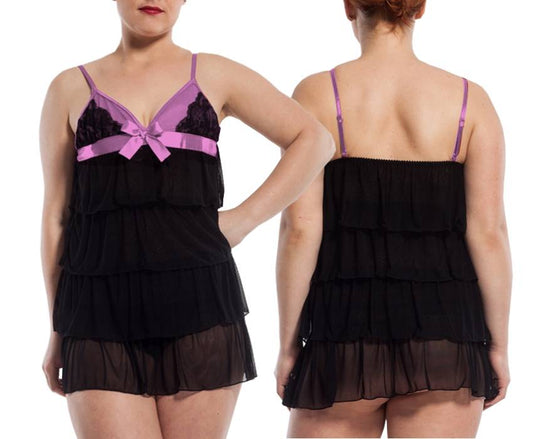 lau-fashion women's negligee ruffles bow lingerie black + string XL/XXL