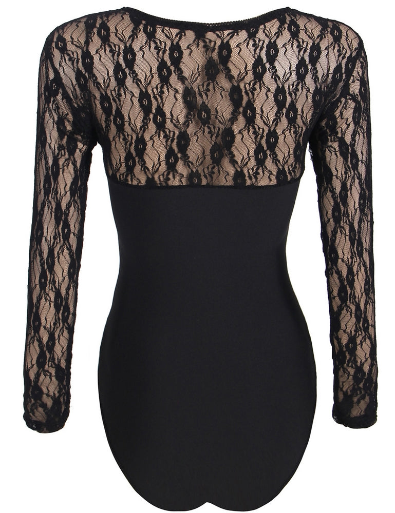 Women's Underwear Body Black White with Lace Transparent Round Neck Long Sleeve S/XL - R80372