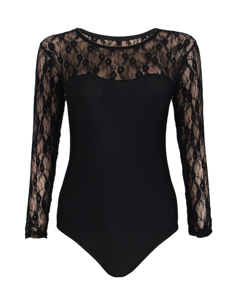 Women's Underwear Body Black White with Lace Transparent Round Neck Long Sleeve S/XL - R80372