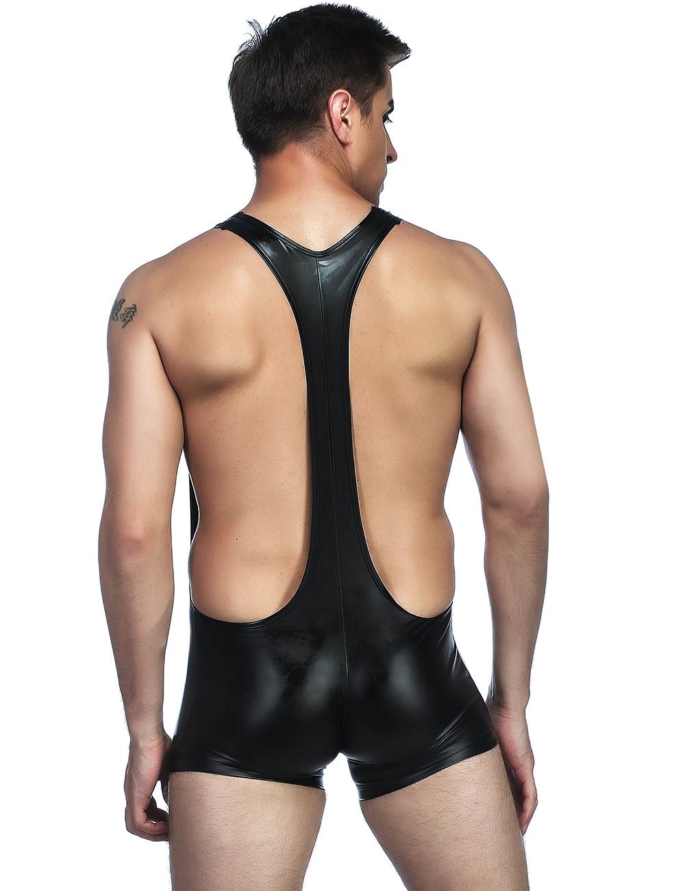 Men's Catsuit Body Wetlook Patent Leather Jumpsuit Short Pants Lingerie M/L/XL - MP001