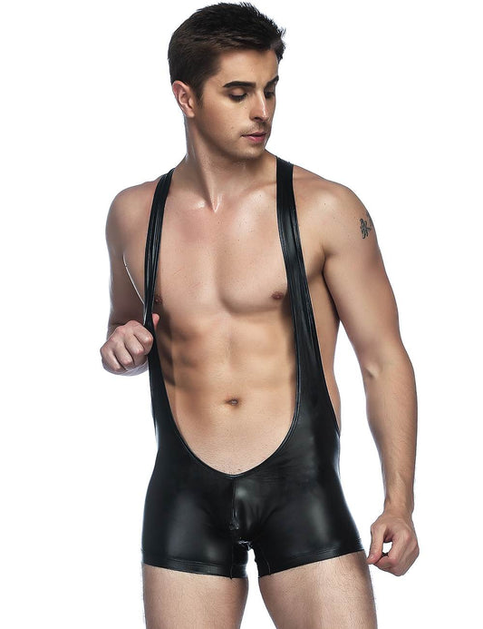 Men's Catsuit Body Wetlook Patent Leather Jumpsuit Short Pants Lingerie M/L/XL - MP001
