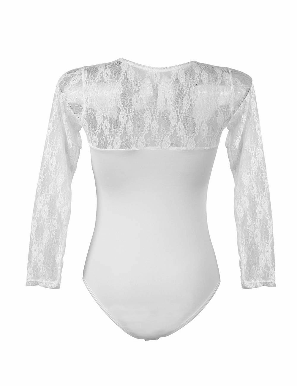 Women's Underwear Body Black White with Lace Transparent Round Neck Long Sleeve S/XL - R80372