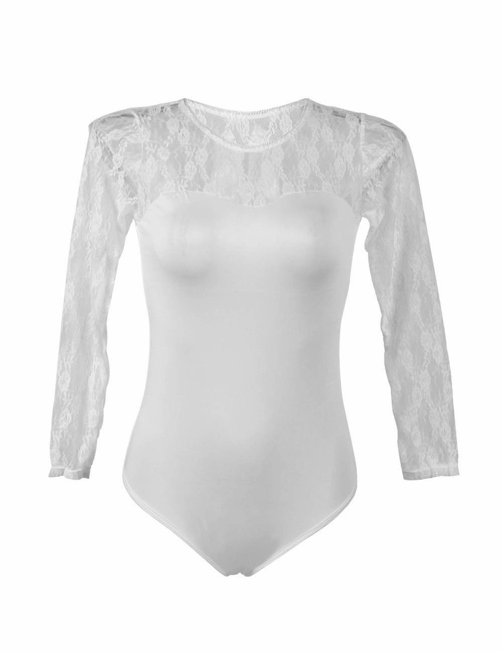 Women's Underwear Body Black White with Lace Transparent Round Neck Long Sleeve S/XL - R80372