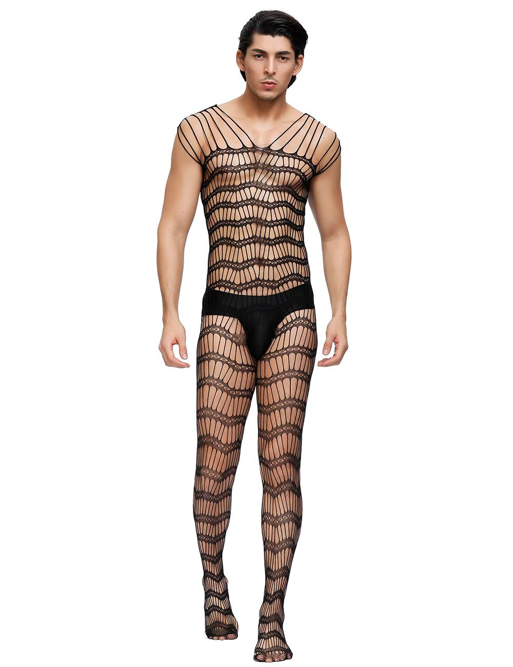 Men's Bodystocking Mesh Catsuit Straps Transparent Lingerie Black Nylon S/M/L