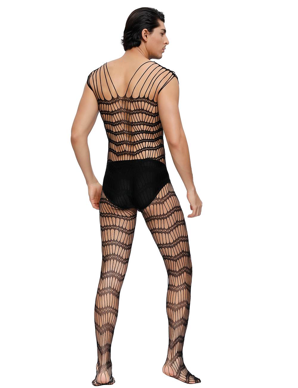 Men's Bodystocking Mesh Catsuit Straps Transparent Lingerie Black Nylon S/M/L