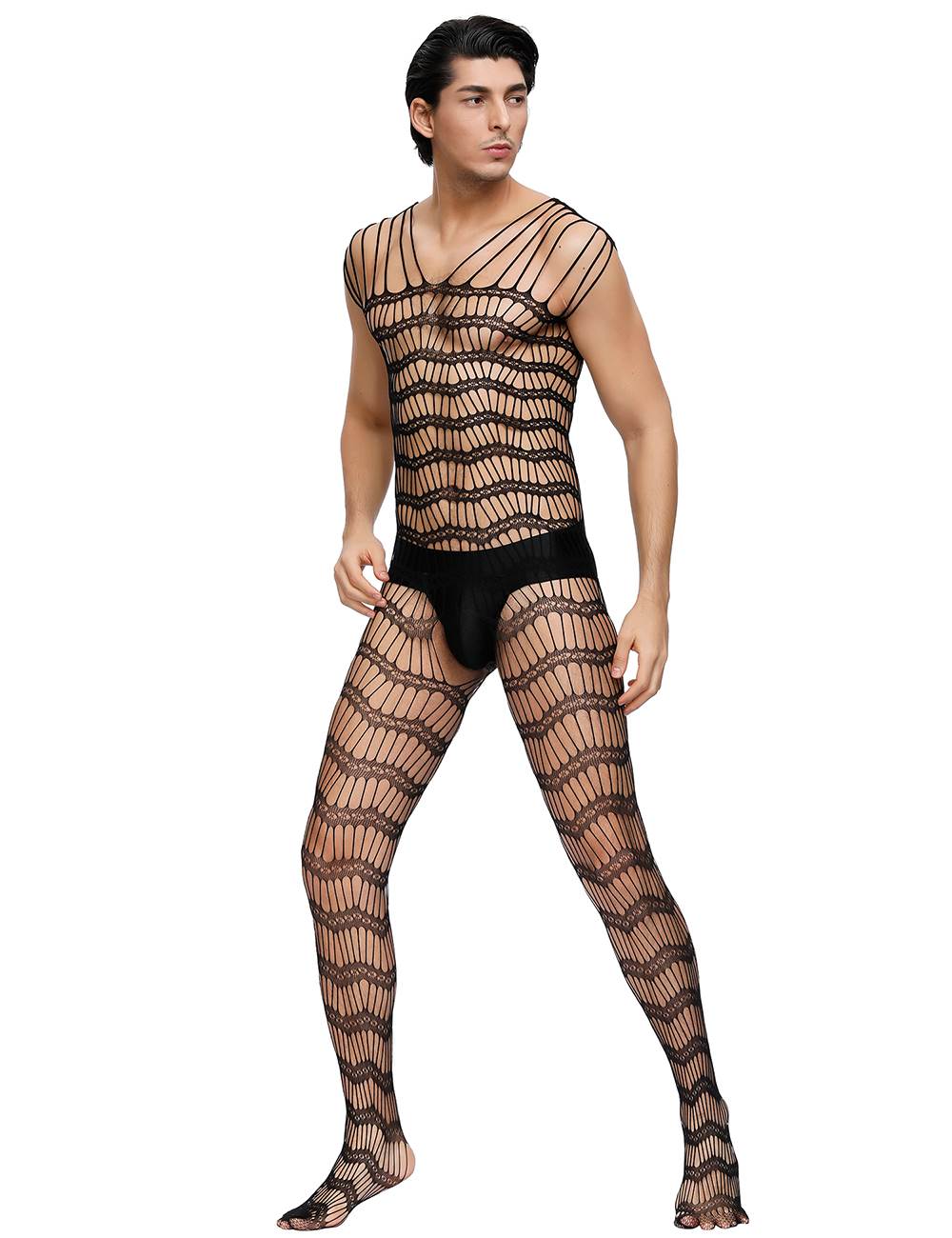 Men's Bodystocking Mesh Catsuit Straps Transparent Lingerie Black Nylon S/M/L