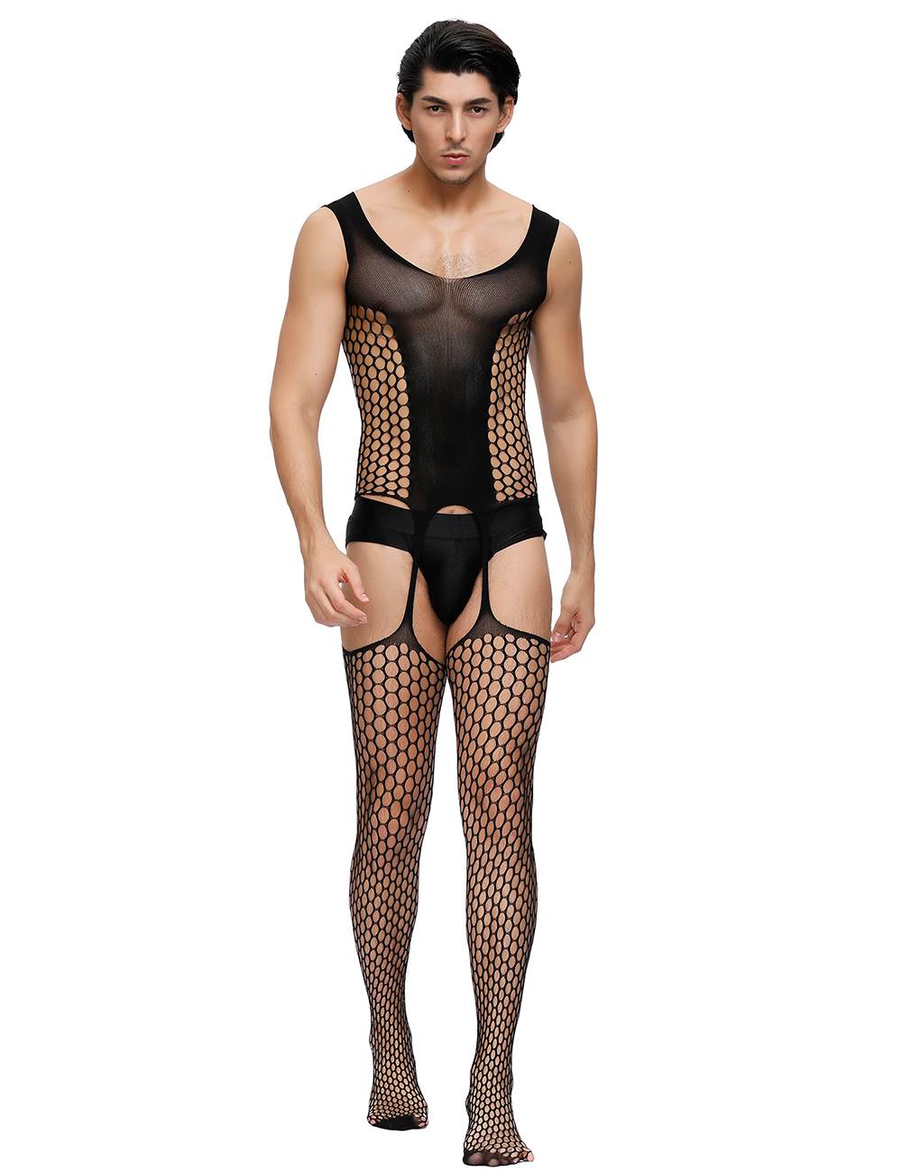 Herren Loch Strapse Catsuit Transparenz Reizwäsche Body Stocking Nylon S/M/L