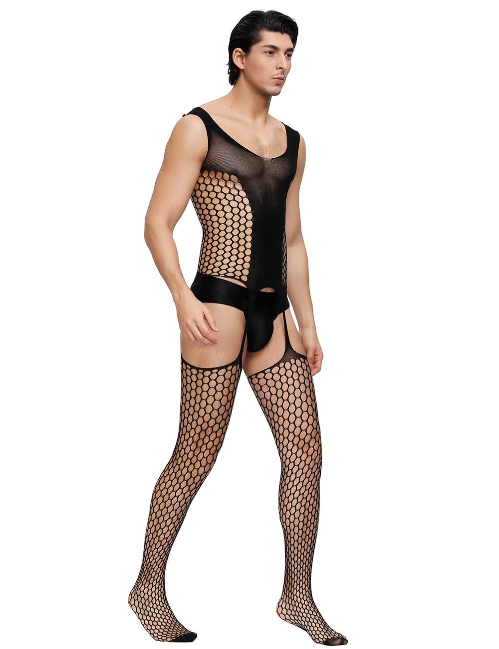 Herren Loch Strapse Catsuit Transparenz Reizwäsche Body Stocking Nylon S/M/L