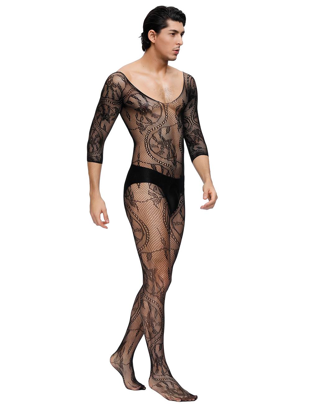 Herren Spitze Catsuit Strapse Transparenz V-Ausschnitt Body Stocking Nylon S/M/L