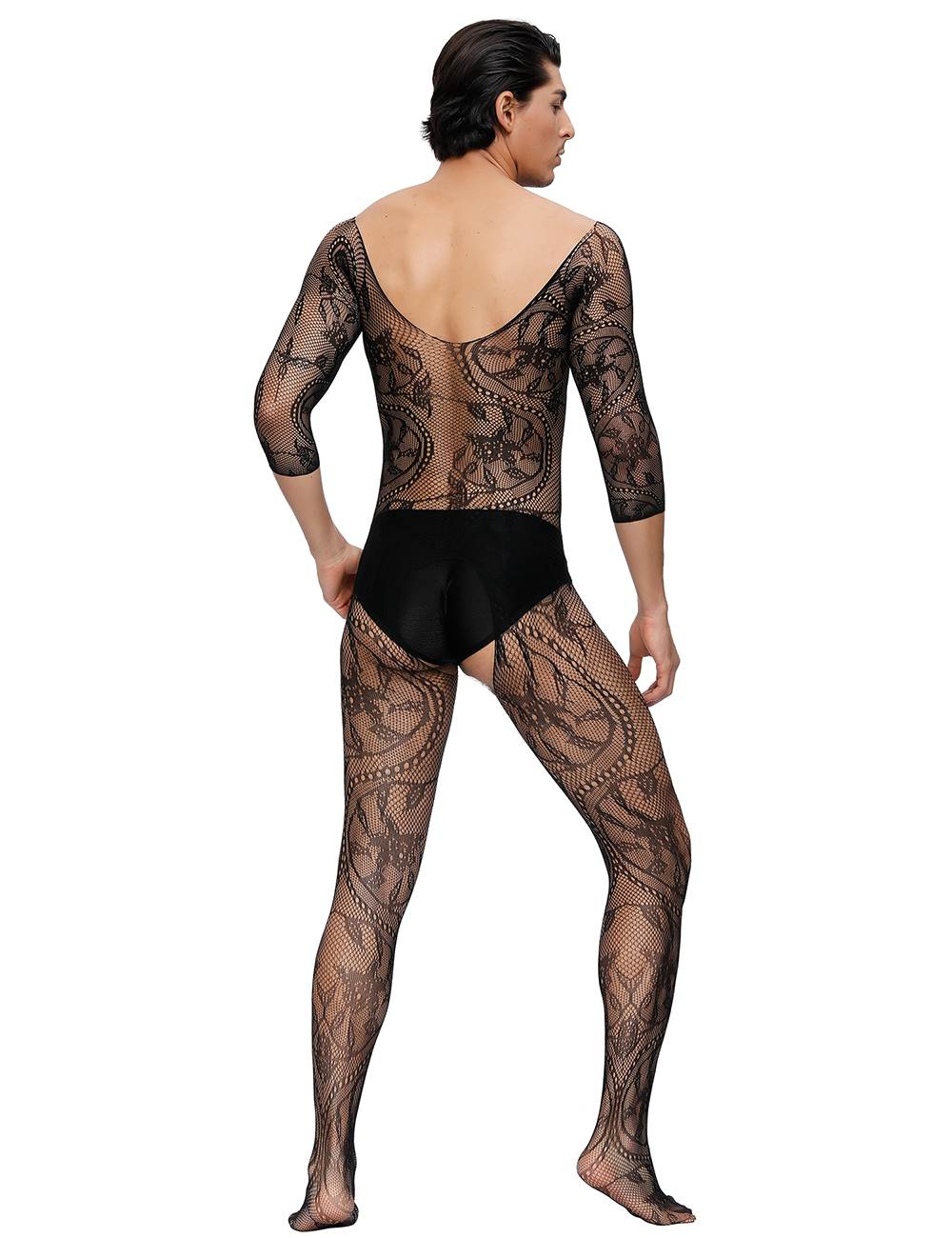 Herren Spitze Catsuit Strapse Transparenz V-Ausschnitt Body Stocking Nylon S/M/L