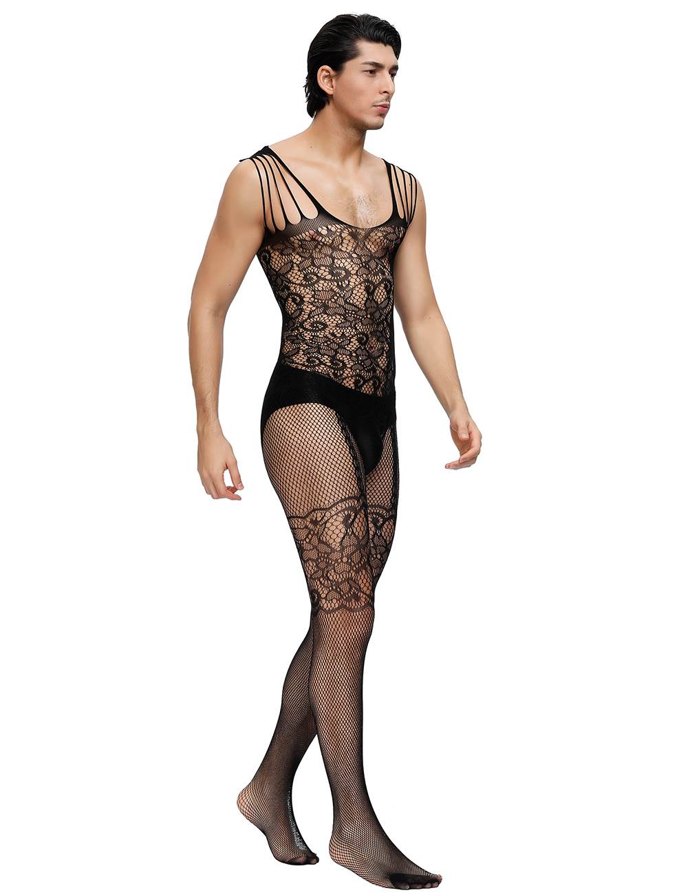 Bodystocking Men's Catsuit Lace Transparency Lingerie Suspenders Straps S/M/L