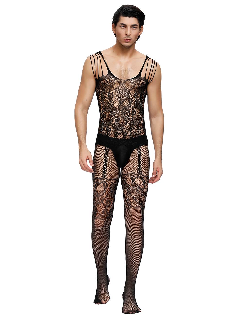 Bodystocking Men's Catsuit Lace Transparency Lingerie Suspenders Straps S/M/L