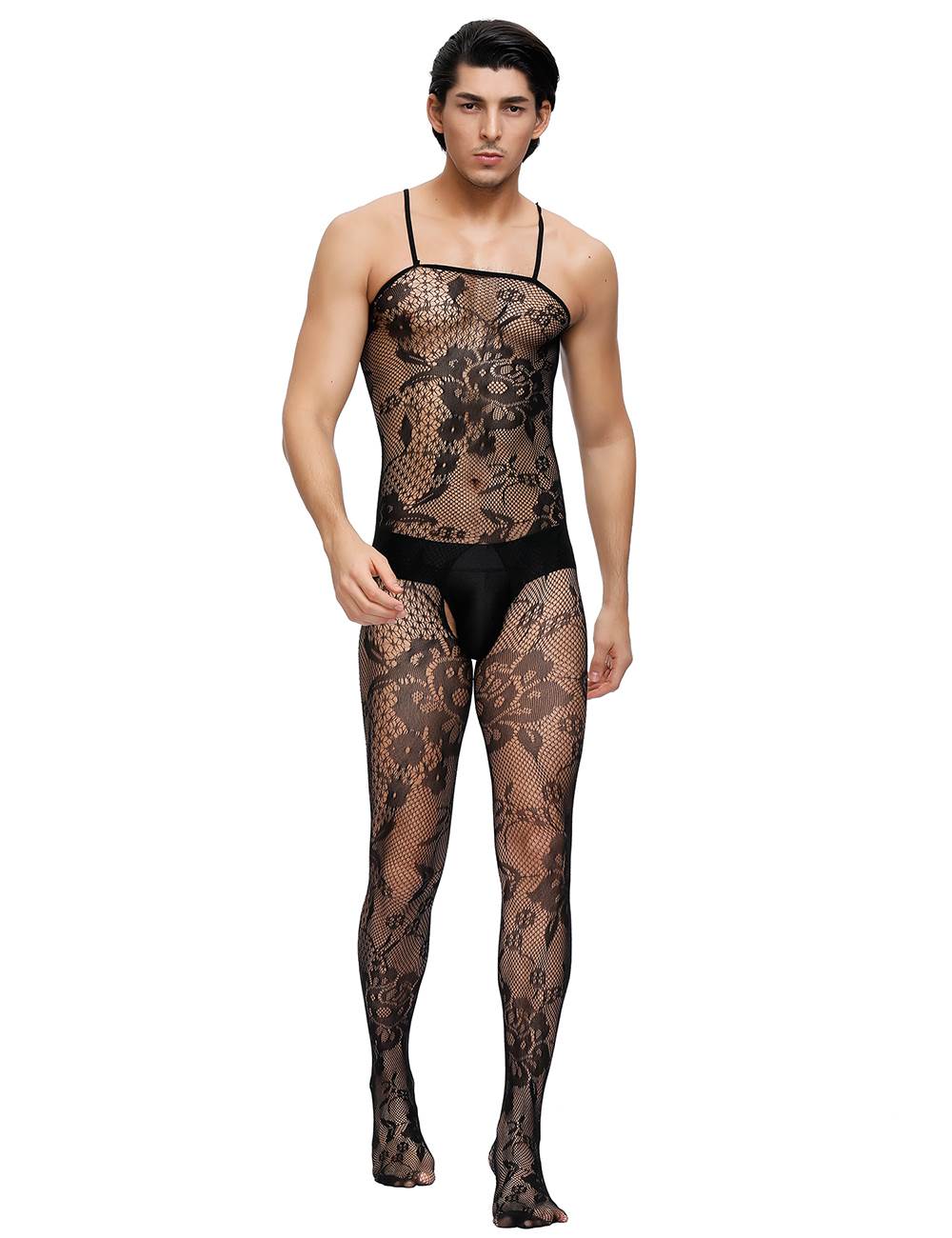 Men's Catsuit Body Stocking Lace Transparency Lingerie Black Straps S/M/L