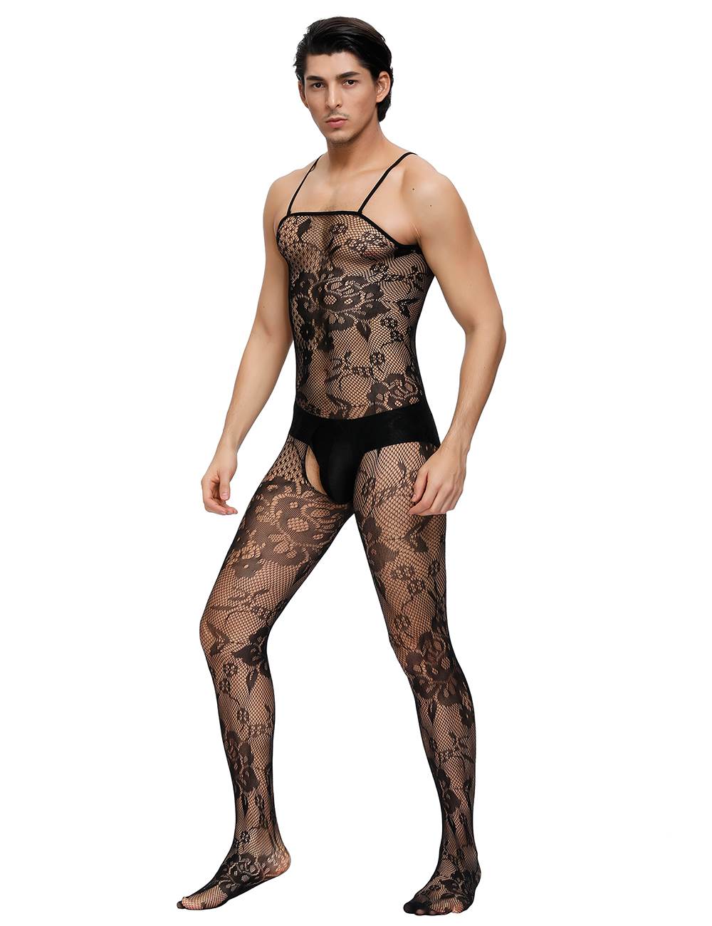 Men's Catsuit Body Stocking Lace Transparency Lingerie Black Straps S/M/L