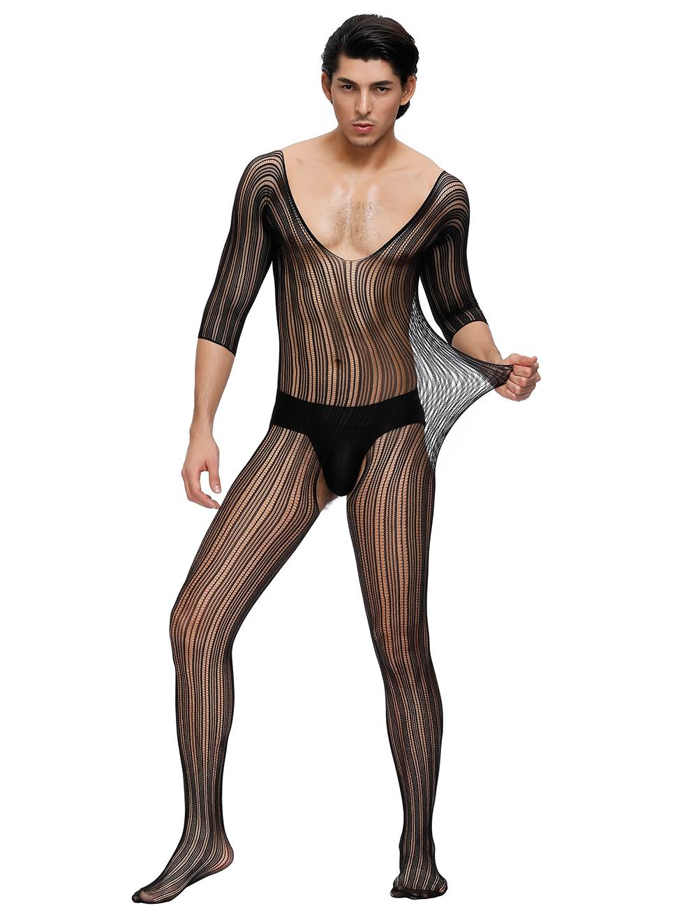 Catsuit Herren Body Stocking Nadelstreifen Transparent Dessous Schwarz Nylon S/M/L
