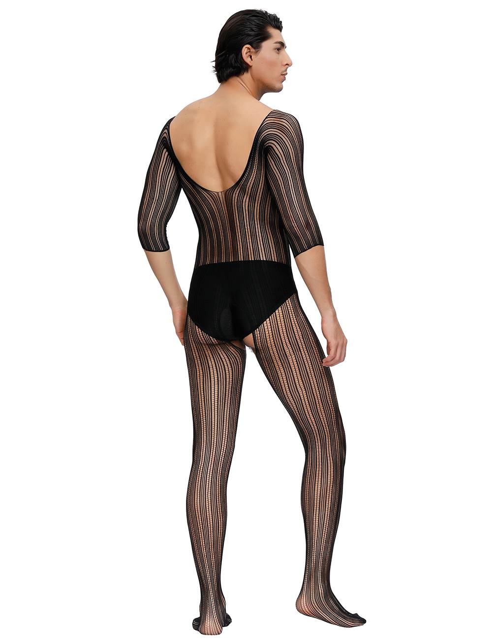 Catsuit Herren Body Stocking Nadelstreifen Transparent Dessous Schwarz Nylon S/M/L