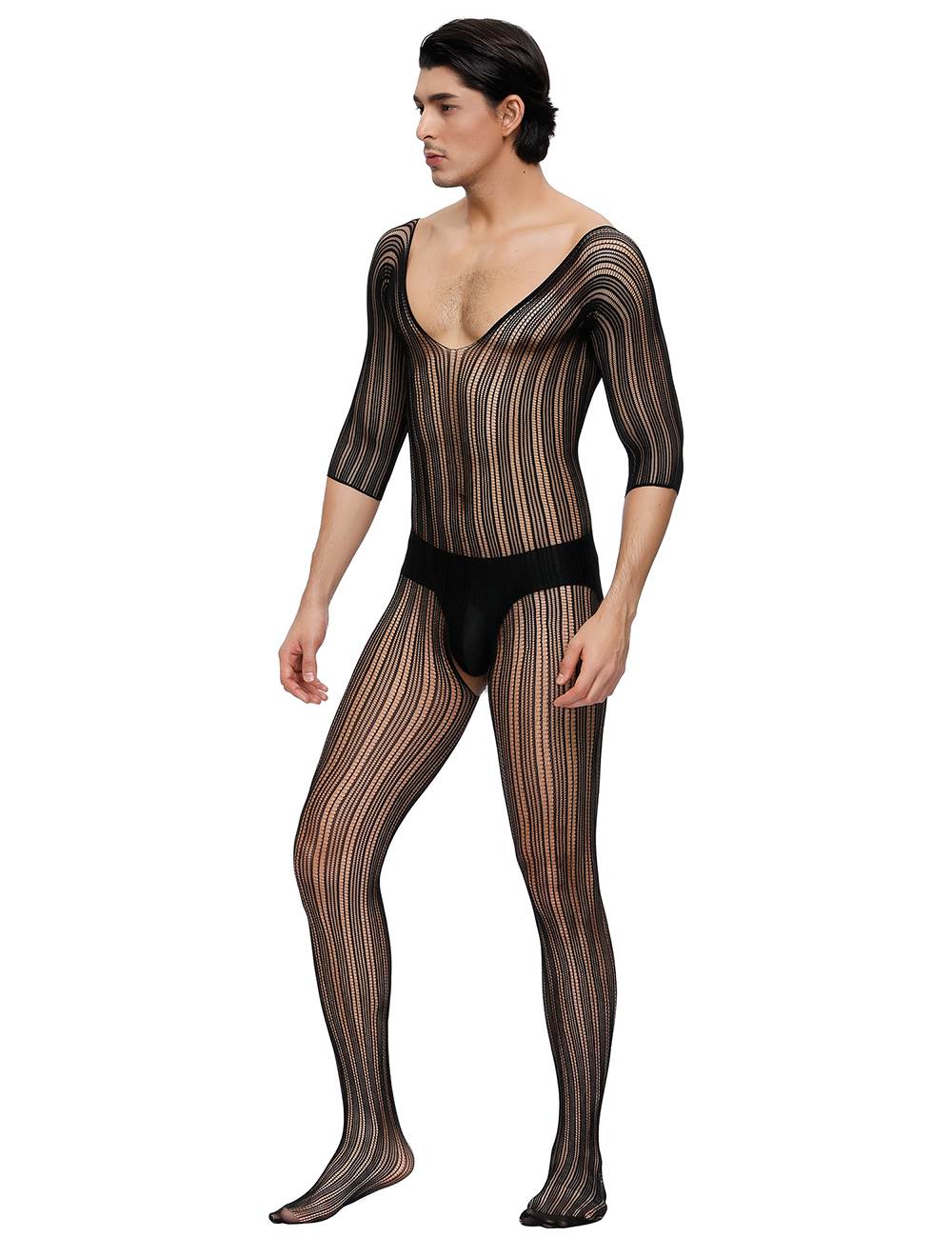 Catsuit Herren Body Stocking Nadelstreifen Transparent Dessous Schwarz Nylon S/M/L