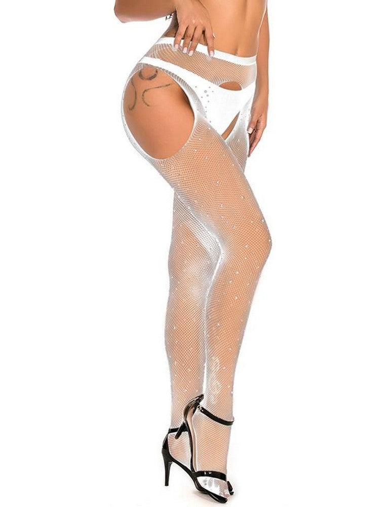 Damen Strapse Halter Strass Strümpfe Fishnet Strumpfhose Schritt Offen Gogo Schwarz S/M/L/XL - H3477