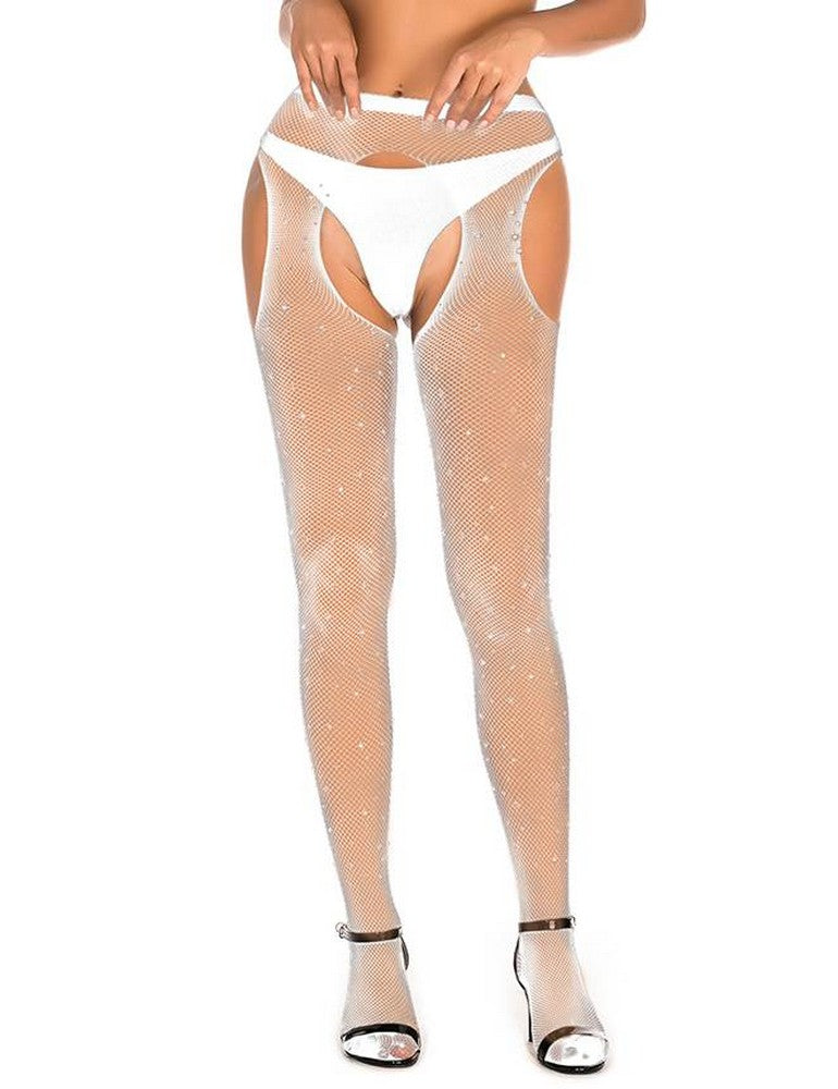 Damen Strapse Halter Strass Strümpfe Fishnet Strumpfhose Schritt Offen Gogo Schwarz S/M/L/XL - H3477