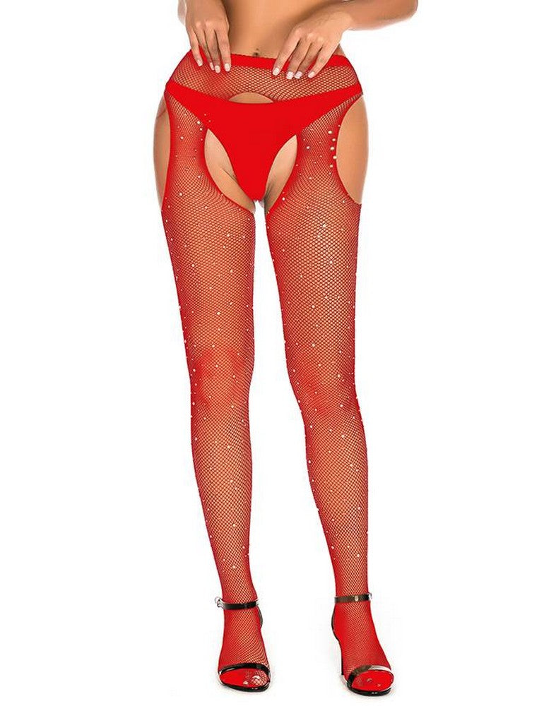 Damen Strapse Halter Strass Strümpfe Fishnet Strumpfhose Schritt Offen Gogo Schwarz S/M/L/XL - H3477