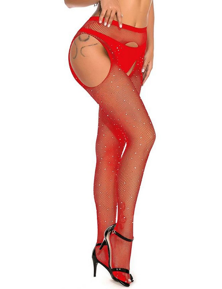 Damen Strapse Halter Strass Strümpfe Fishnet Strumpfhose Schritt Offen Gogo Schwarz S/M/L/XL - H3477