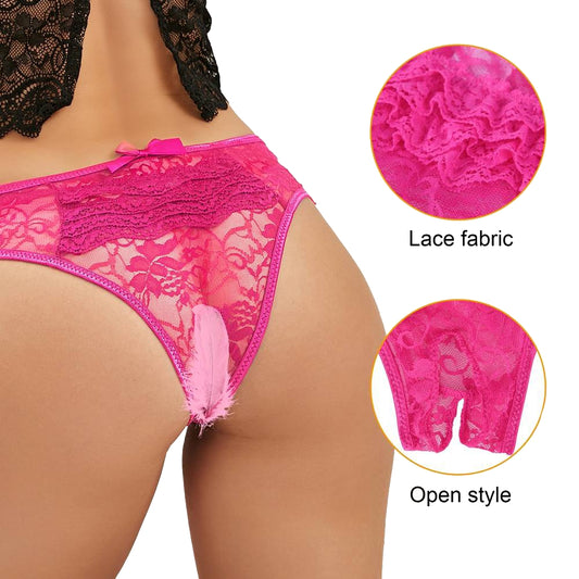 Women's Lace Briefs Pink Flowers Open Intimate Panty Lingerie Transparent S/XL