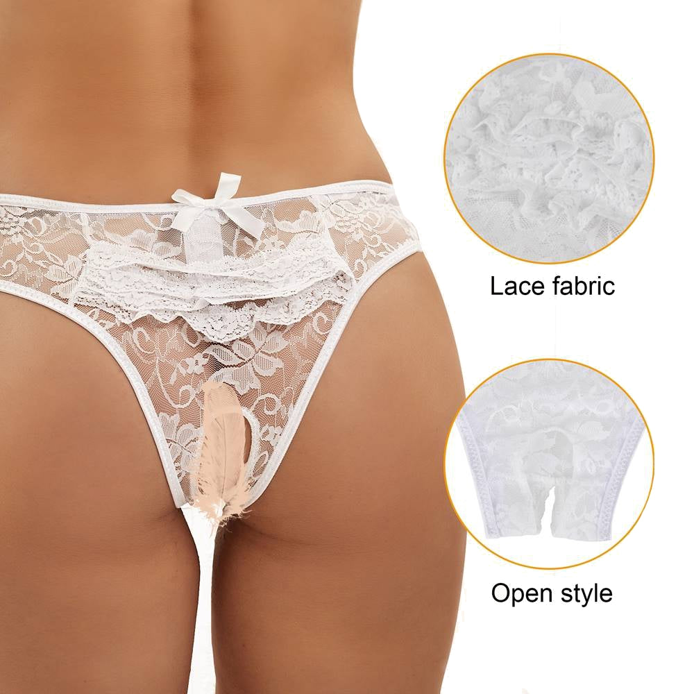 Women's briefs with transparent lace white flowers open intimate panty lingerie S/XL