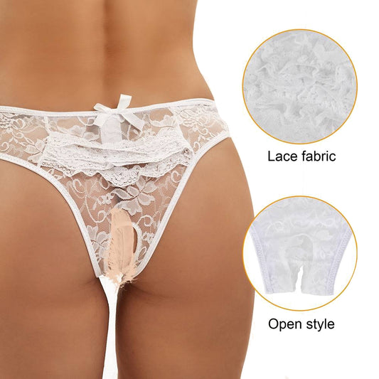 Women's briefs with transparent lace white flowers open intimate panty lingerie S/XL