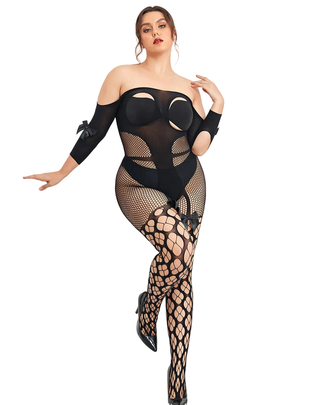 Sexy Damen Catsuit Transparenz Blumen Stocking Fishnet Nylon Dessous S/XL