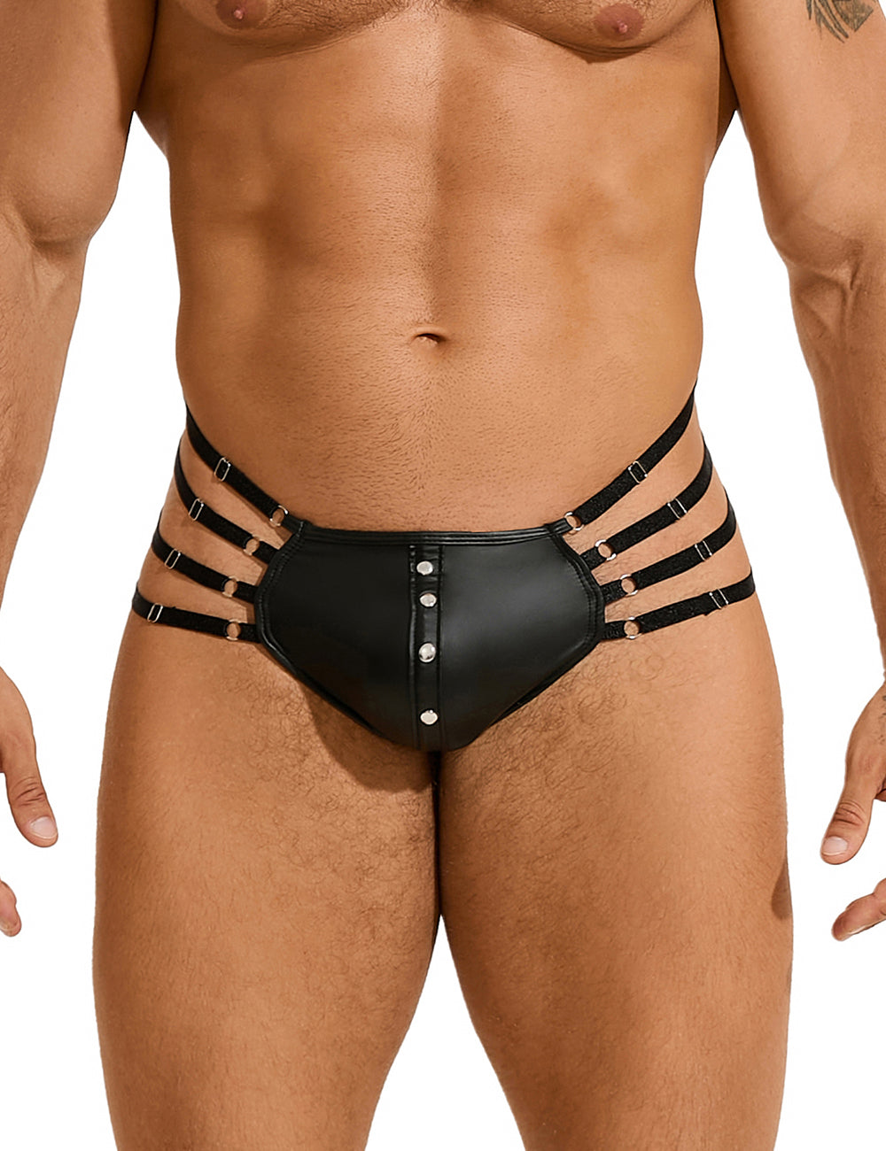 Herren Wetlook String Tanga Schwarz Harness Lack Leder Bänder Nieten M/L - MP280-1