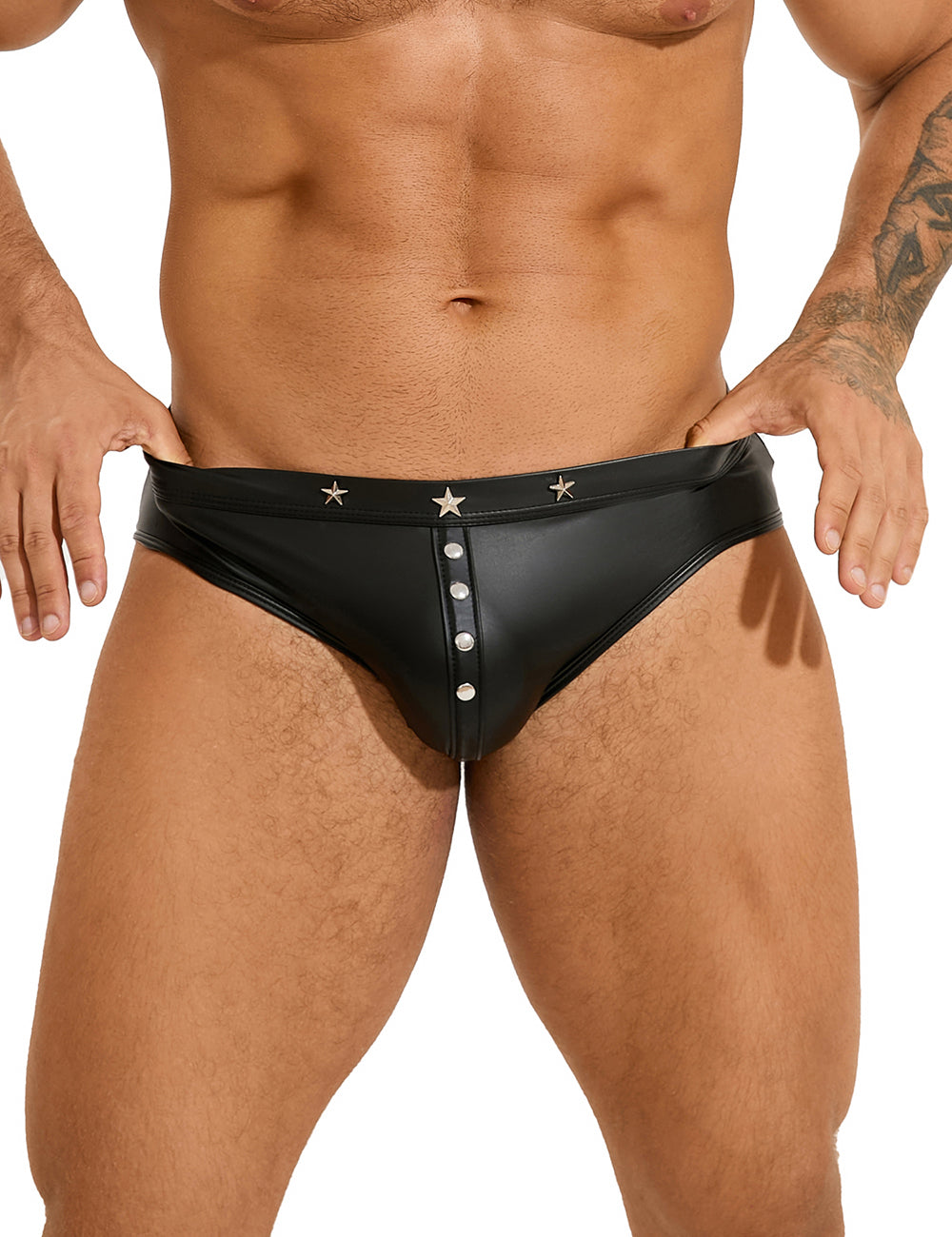 Men's rivets wetlook patent leather men's briefs black underwear M/L/XL - MP293