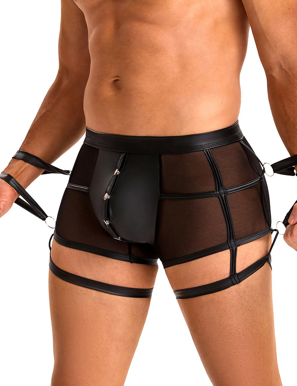 Herren Wetlook Boxershort Harness Lack Leder Band O-Ring Gürtel M/L - MP278