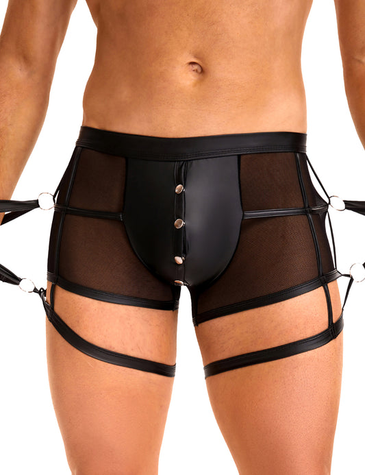 Men's Wetlook Boxer Shorts Harness Patent Leather Band O-Ring Belt M/L - MP278