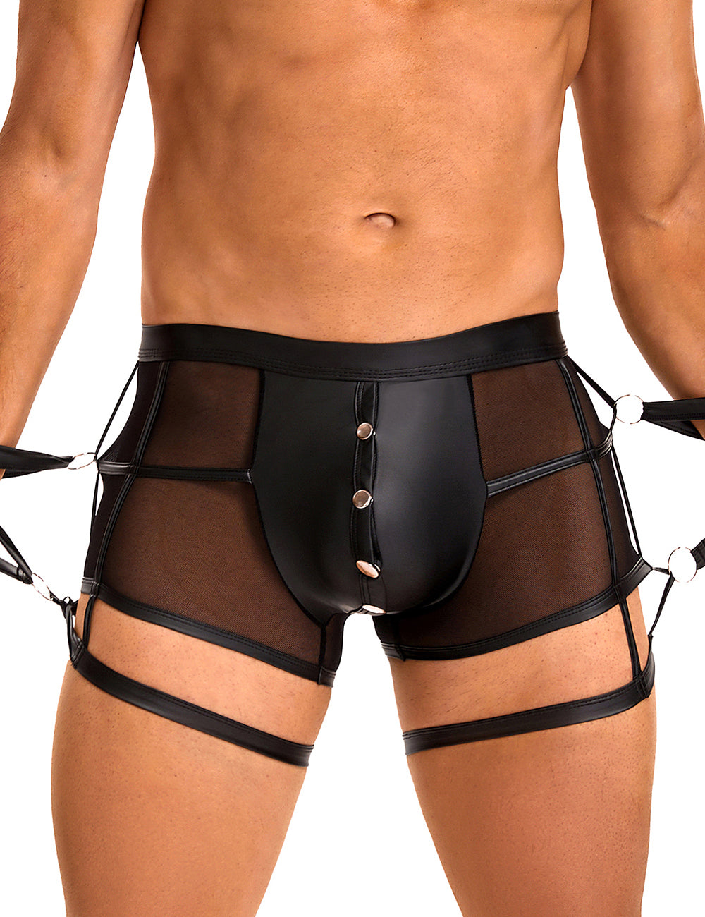 Herren Wetlook Boxershort Harness Lack Leder Band O-Ring Gürtel M/L - MP278