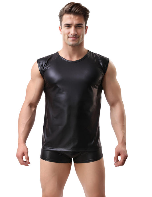 Men's T-Shirt Patent Leather Wetlook Body Undershirt Black Strip Gogo M/XL - MP283