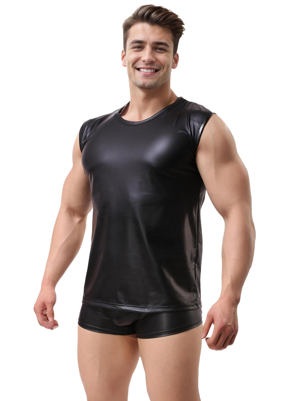 Herren T-Shirt Lack Leder Wetlook Body Unterhemd Schwarz Strip Gogo M/XL - MP283
