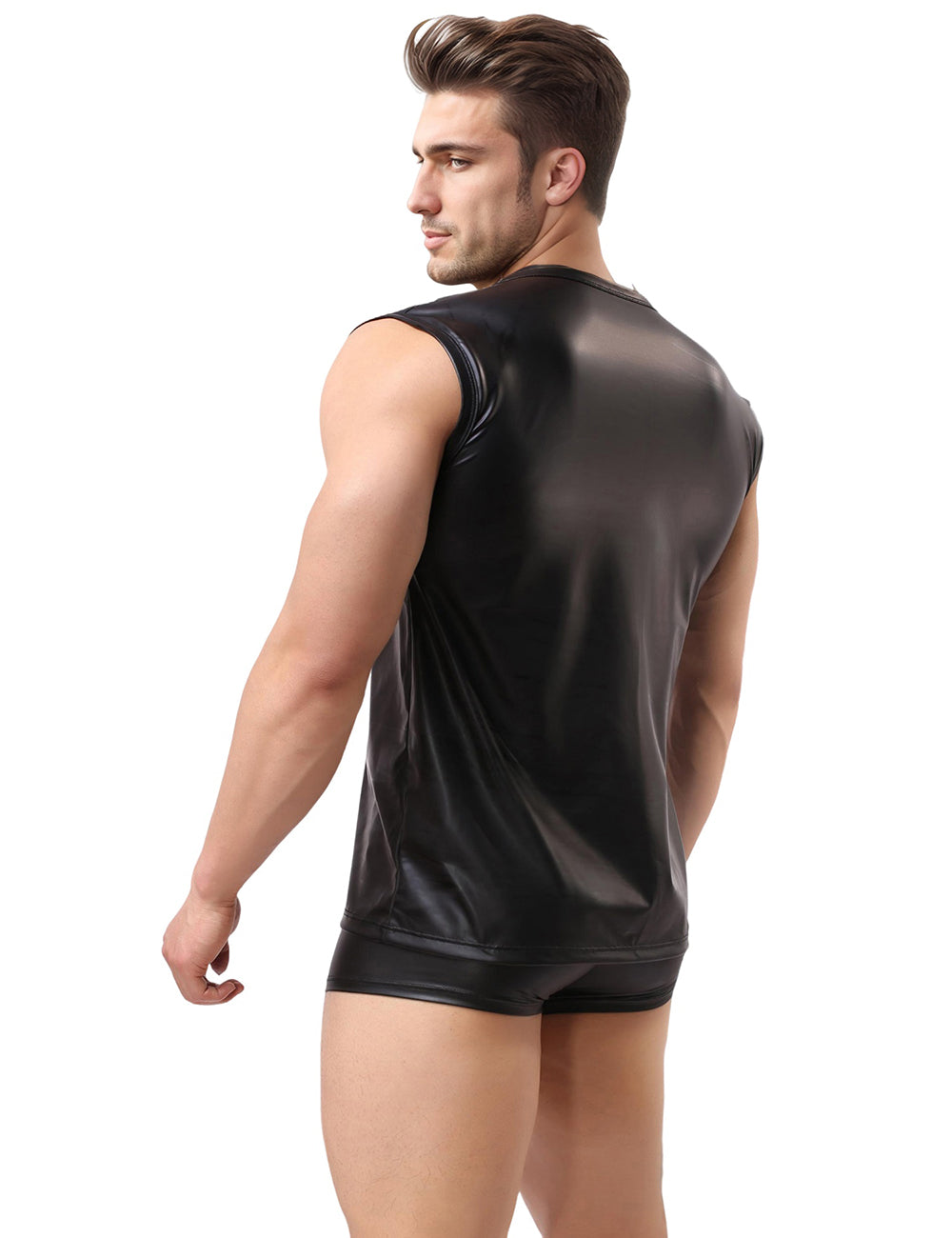 Herren T-Shirt Lack Leder Wetlook Body Unterhemd Schwarz Strip Gogo M/XL - MP283