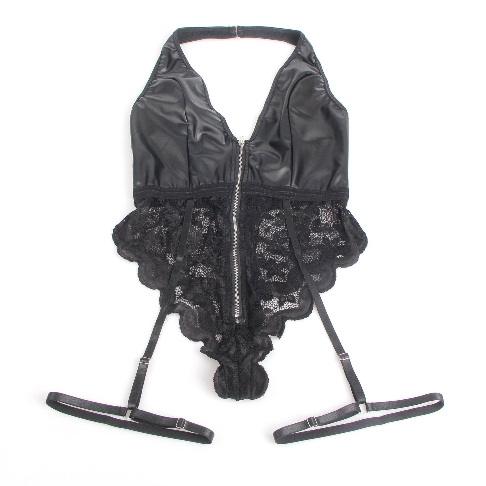 Wetlook Body PVC Teddy Reißverschluss Spitze Diva Nachtwäsche S/XL - R81377 von Lau-Fashion mit verstellbarem Neckholder.