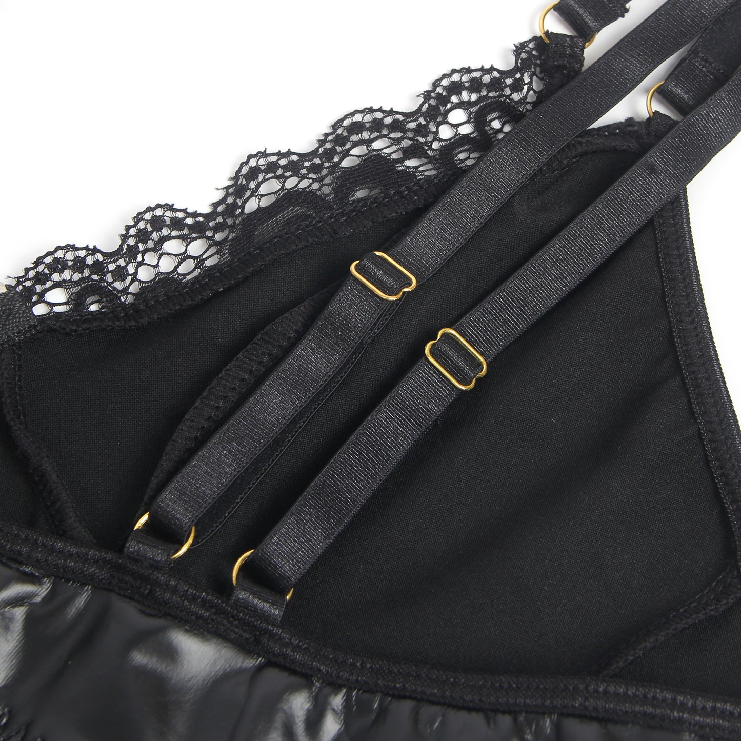 Wetlook Body Lederkleid Reißverschluss Strapse Lack Leder Strumpfband Minikleid - R81330, schwarzes PU-Leder-Dessous-Set