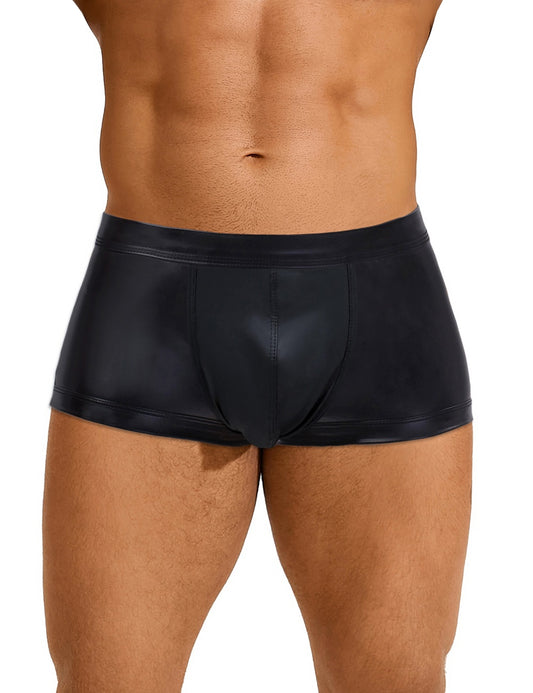 Schwarze Lack-Wetlook-Boxershorts für Herren, eng sitzend, glänzend, Polyester/Elasthan, Größen M/L oder L/XL.