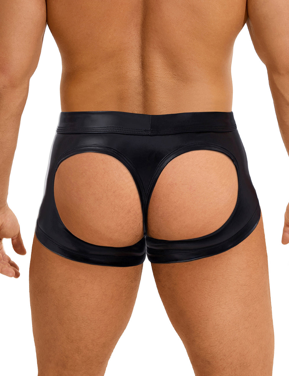 Schwarze Wetlook-Boxershorts für Herren, offener Po hinten, eng anliegend, Leder-Look, Größen M/L oder L/XL