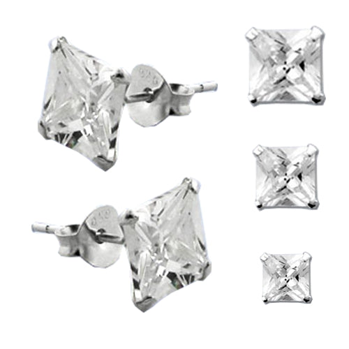 1 Pair of Four Square 925 Sterling Silver Stud Earrings Cubic Zirconia Rhinestone Hip Hop Earrings