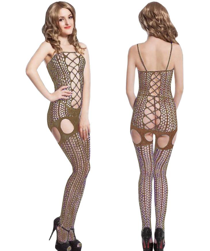 Women's Open Catsuit Bodystocking Beige Open Net Lingerie Gogo Sexy Underwear Ass Size S/M/L