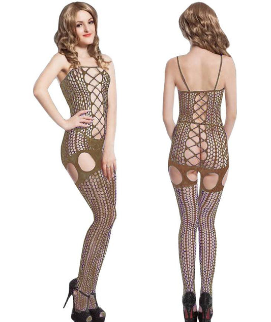 Women's Open Catsuit Bodystocking Beige Open Net Lingerie Gogo Sexy Underwear Ass Size S/M/L
