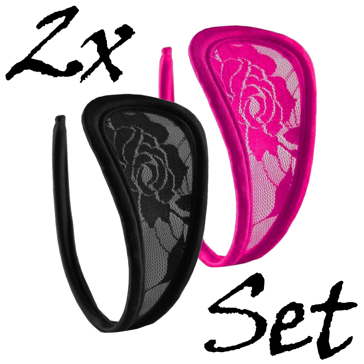 Set of 2 C-string lace briefs mini women's bikini black pink underwear lingerie S/M/L