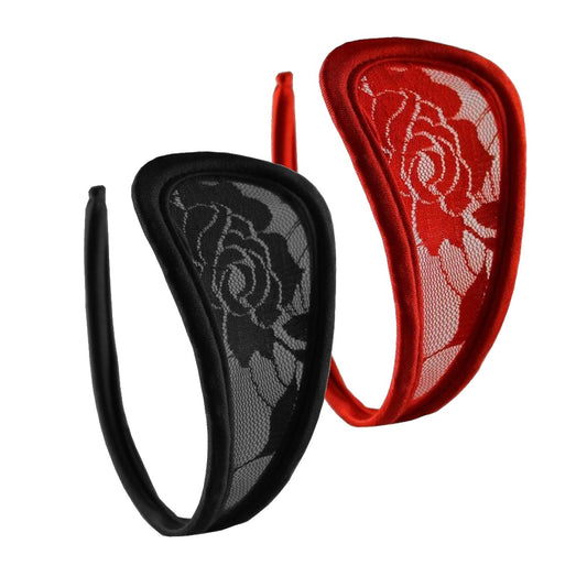 Set of 2 double pack women's lace C-string briefs mini bikini black red thong S/M/L