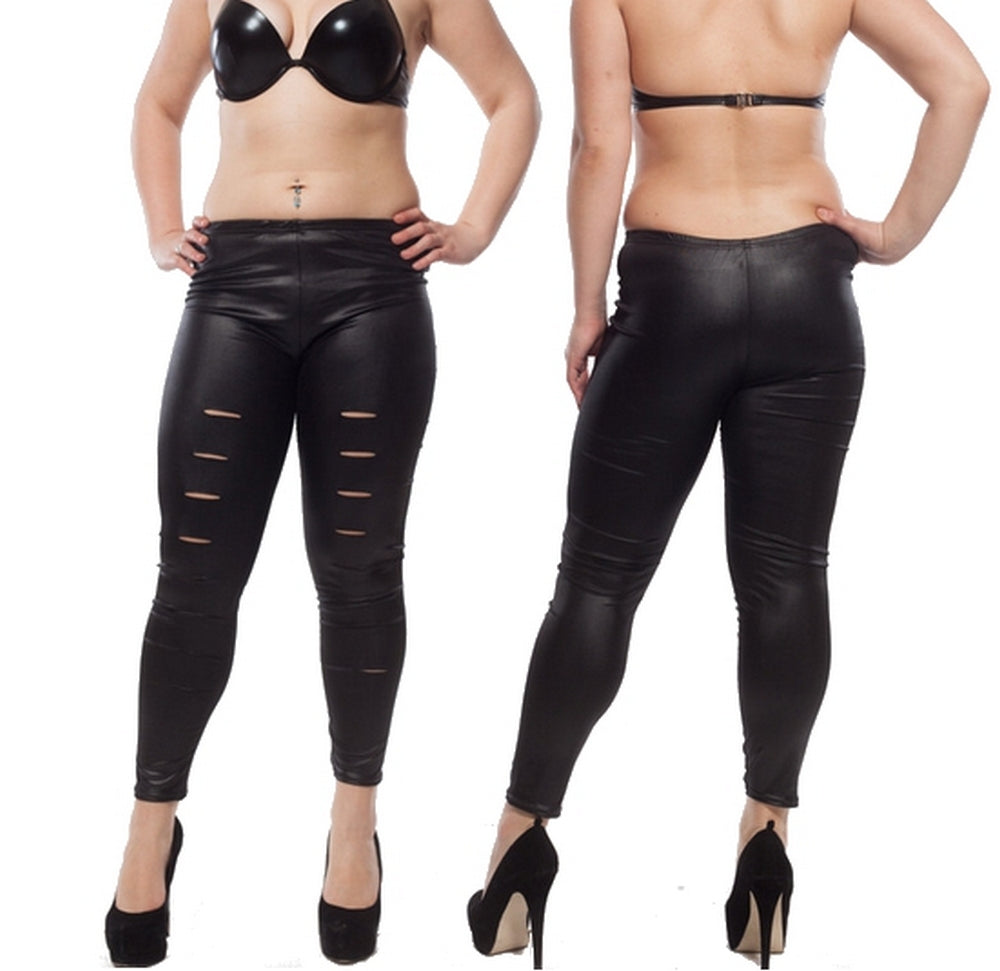 Wetlook Risse Stretch Leggings Glanz Lack Leder Jeggings Hose Treggings L/XL