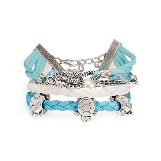 Unisex leather bracelet turtle beads turquoise surfer style jewelry 17cm