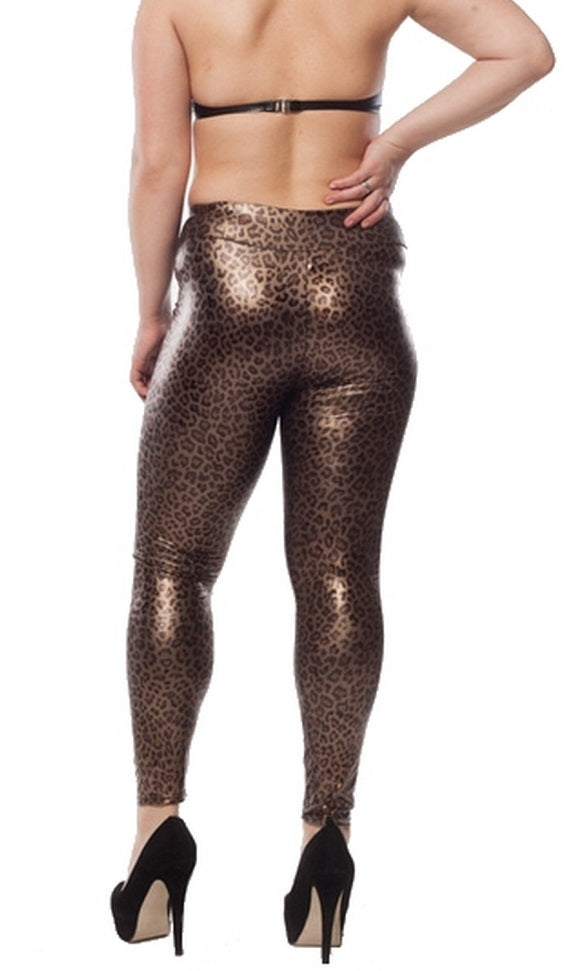 Leopard women's leggings wetlook stretch trousers patent leather jeggings S/M